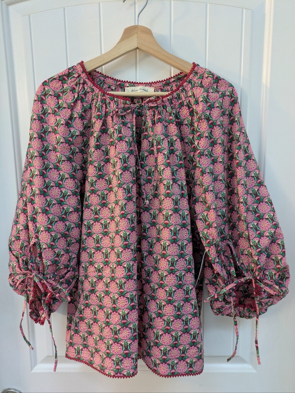 Blue Tassel Pink Floral Peasant Blouse